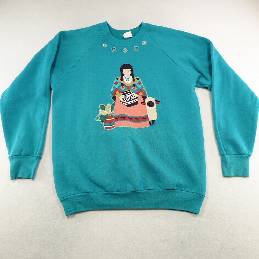 Vtg 80s Sheep Girl All Over Print Sweatshirt L USA Aztec Ethnic Art‎ AOP Native